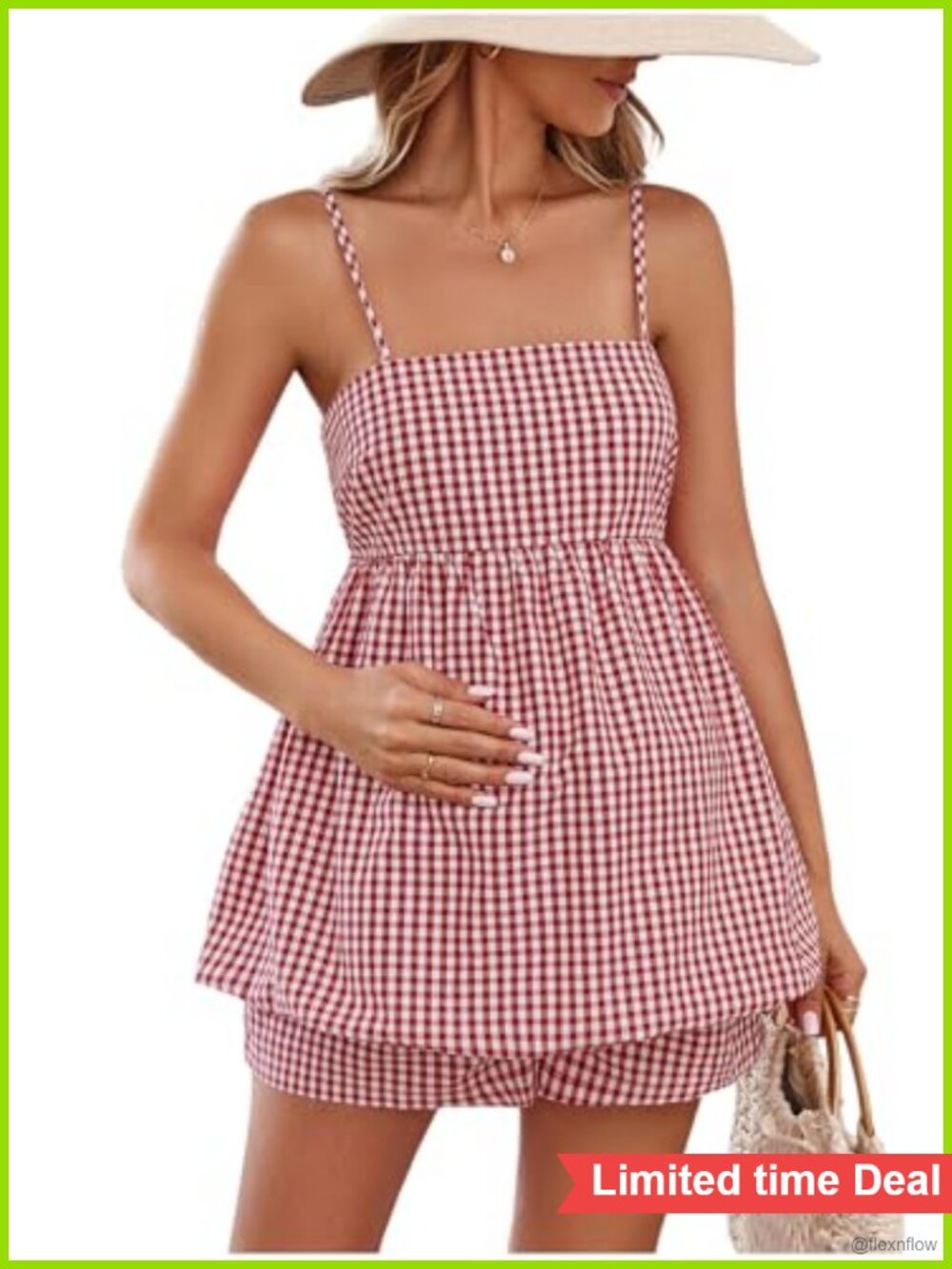 Maternity 2 Piece Outfit Gingham Cami Top and Shorts Set Polyester